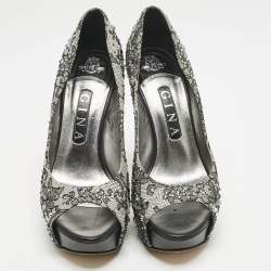 Gina Grey/Black Lace Crystal Embellished Open Toe Platform Pumps Size 39