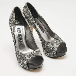 Gina Grey/Black Lace Crystal Embellished Open Toe Platform Pumps Size 39
