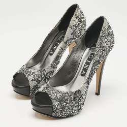 Gina Grey/Black Lace Crystal Embellished Open Toe Platform Pumps Size 39