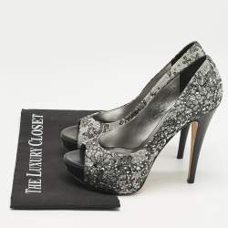 Gina Grey/Black Lace Crystal Embellished Open Toe Platform Pumps Size 39