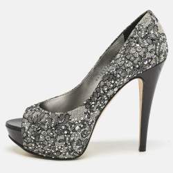 Gina Grey/Black Lace Crystal Embellished Open Toe Platform Pumps Size 39