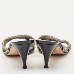 Gina Black/Silver Patent and Leather Crystal Embellished Slide Sandals Size 40.5