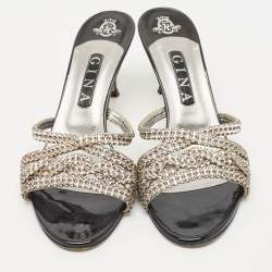 Gina Black/Silver Patent and Leather Crystal Embellished Slide Sandals Size 40.5