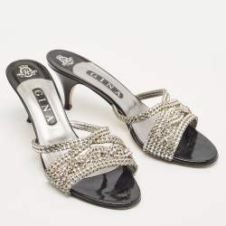 Gina Black/Silver Patent and Leather Crystal Embellished Slide Sandals Size 40.5