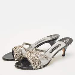 Gina Black/Silver Patent and Leather Crystal Embellished Slide Sandals Size 40.5