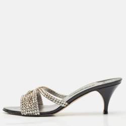 Gina Black/Silver Patent and Leather Crystal Embellished Slide Sandals Size 40.5