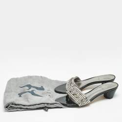 Gina Black//Silver Patent Leather Crystal Embellished Slides Sandals Size 36.5