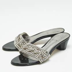 Gina Black//Silver Patent Leather Crystal Embellished Slides Sandals Size 36.5