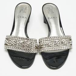 Gina Black//Silver Patent Leather Crystal Embellished Slides Sandals Size 36.5