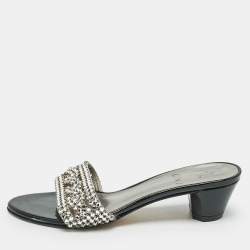 Gina Black//Silver Patent Leather Crystal Embellished Slides Sandals Size 36.5