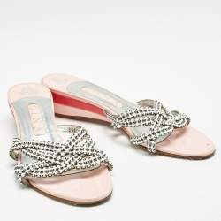 Gina White/Silver Leather Crystal Embellished Sandals Size 38.5