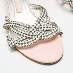 Gina White/Silver Leather Crystal Embellished Sandals Size 38.5