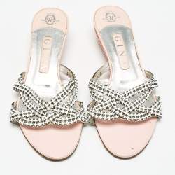 Gina White/Silver Leather Crystal Embellished Sandals Size 38.5