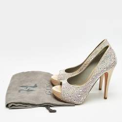 Gina Beige Satin Crystal Embellished Open Toe Platform Pumps Size 38.5