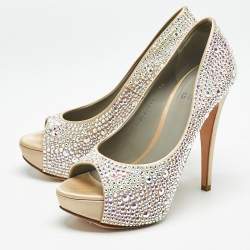 Gina Beige Satin Crystal Embellished Open Toe Platform Pumps Size 38.5