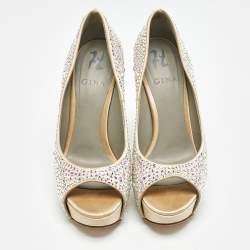 Gina Beige Satin Crystal Embellished Open Toe Platform Pumps Size 38.5