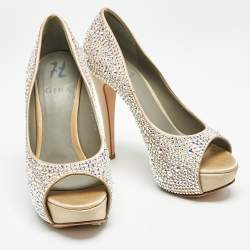 Gina Beige Satin Crystal Embellished Open Toe Platform Pumps Size 38.5