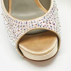 Gina Beige Satin Crystal Embellished Open Toe Platform Pumps Size 38.5