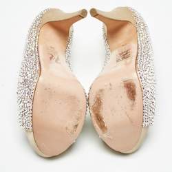Gina Beige Satin Crystal Embellished Open Toe Platform Pumps Size 38.5