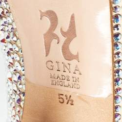 Gina Beige Satin Crystal Embellished Open Toe Platform Pumps Size 38.5