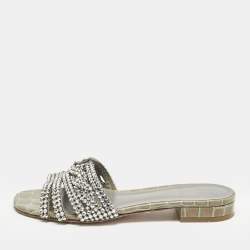 Pre Owned Gina Grey Croc Embossed Patent Leather Crystal Embellished Flat Slide Sandals Size 38.5