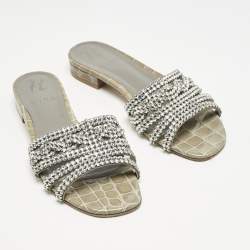 Pre Owned Gina Grey Croc Embossed Patent Leather Crystal Embellished Flat Slide Sandals Size 38.5