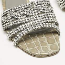 Pre Owned Gina Grey Croc Embossed Patent Leather Crystal Embellished Flat Slide Sandals Size 38.5
