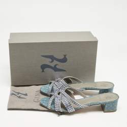 مملوكة مسبقًا Gina Blue Croc Embossed Patent Leather Crystal Embellished Slide Sandals Size 39