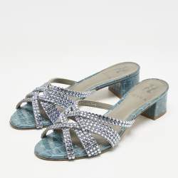 مملوكة مس بقًا Gina Blue Croc Embossed Patent Leather Crystal Embellished Slide Sandals Size 39