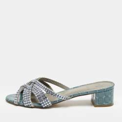 Pre Owned Gina Blue Croc Embossed Patent Leather Crystal Embellished Slide Sandals Size 39