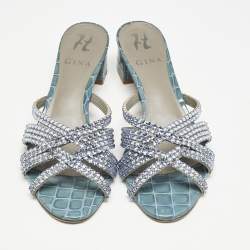 مملوكة مسبقًا Gina Blue Croc Embossed Patent Leather Crystal Embellished Slide Sandals Size 39