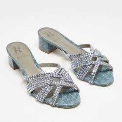 مملوكة مسبقًا Gina Blue Croc Embossed Patent Leather Crystal Embellished Slide Sandals Size 39