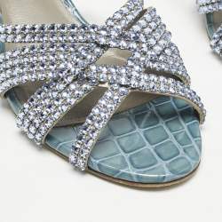 مملوكة مسبقًا Gina Blue Croc Embossed Patent Leather Crystal Embellished Slide Sandals Size 39