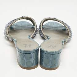 مملوكة مسبقًا Gina Blue Croc Embossed Patent Leather Crystal Embellished Slide Sandals Size 39