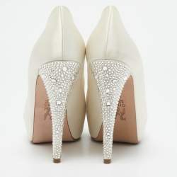 Gina White Satin Jenna Crystal Embellished Heel Open Toe Platform Pumps Size 39.5