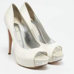 Gina White Satin Jenna Crystal Embellished Heel Open Toe Platform Pumps Size 39.5