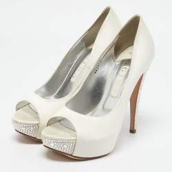 Gina White Satin Jenna Crystal Embellished Heel Open Toe Platform Pumps Size 39.5