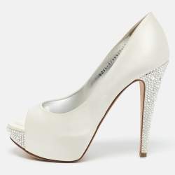 Gina White Satin Jenna Crystal Embellished Heel Open Toe Platform Pumps Size 39.5