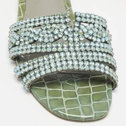Pre Owned Gina Green/Silver Croc Embossed Patent Leather Loren Slide Sandals Size 39