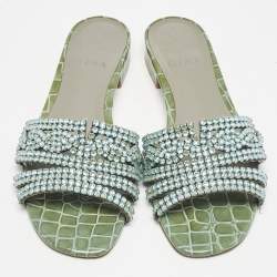 Pre Owned Gina Green/Silver Croc Embossed Patent Leather Loren Slide Sandals Size 39