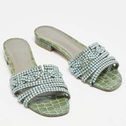Pre Owned Gina Green/Silver Croc Embossed Patent Leather Loren Slide Sandals Size 39