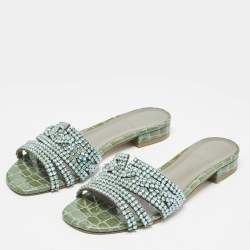 Pre Owned Gina Green/Silver Croc Embossed Patent Leather Loren Slide Sandals Size 39