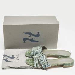 Pre Owned Gina Green/Silver Croc Embossed Patent Leather Loren Slide Sandals Size 39