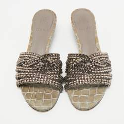Gina Grey Leather Crystal Embellished Daphne Slide Sandals Size 38.5