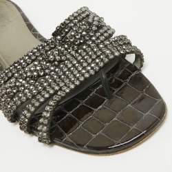 Gina Black Croc Embossed Patent Crystal Embellished Flat Slide Sandals Size 41