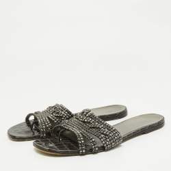 Gina Black Croc Embossed Patent Crystal Embellished Flat Slide Sandals Size 41