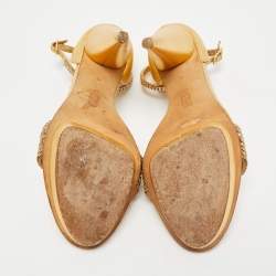 Pre Owned Gina Gold Leather Crystal Embellished Cross Ankle Strap Sandals Size 39