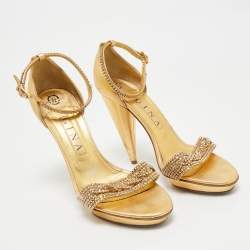 Pre Owned Gina Gold Leather Crystal Embellished Cross Ankle Strap Sandals Size 39