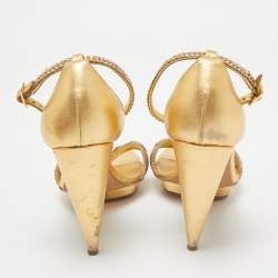 Pre Owned Gina Gold Leather Crystal Embellished Cross Ankle Strap Sandals Size 39