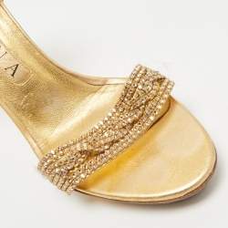 Pre Owned Gina Gold Leather Crystal Embellished Cross Ankle Strap Sandals Size 39